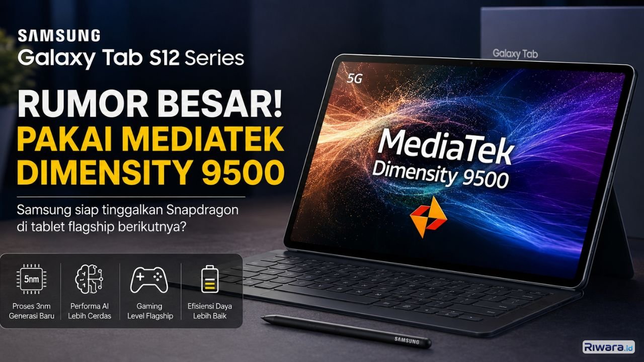 Ilustrasi tablet flagship Samsung Galaxy Tab S12 yang dirumorkan akan menggunakan chipset MediaTek Dimensity 9500 untuk mendukung performa AI gaming dan efisiensi daya generasi terbaru